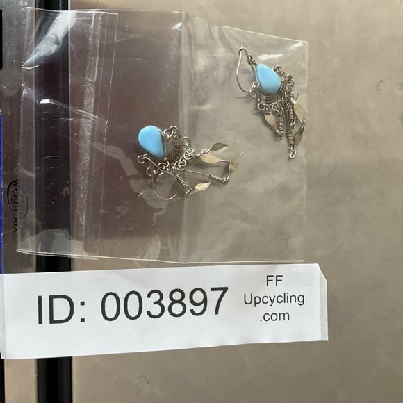 New VTG Tribal Artisan Handmade Dangle Drop Earrings Blue Opal 2"Metal Wire Art - Picture 7 of 7